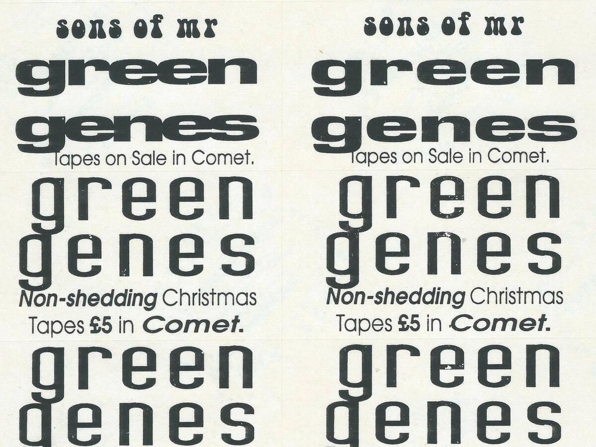 Some of the stickers Sons Of Mr Green Genes had printed to advertise the sale of their cassette tape in Comet Records on Washington St, Cork. 