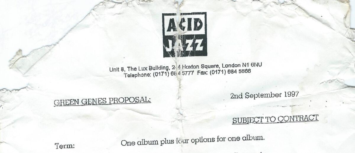 The header of the Acid Jazz recording contract proposal on offer to Sons of Mr Green Genes. 