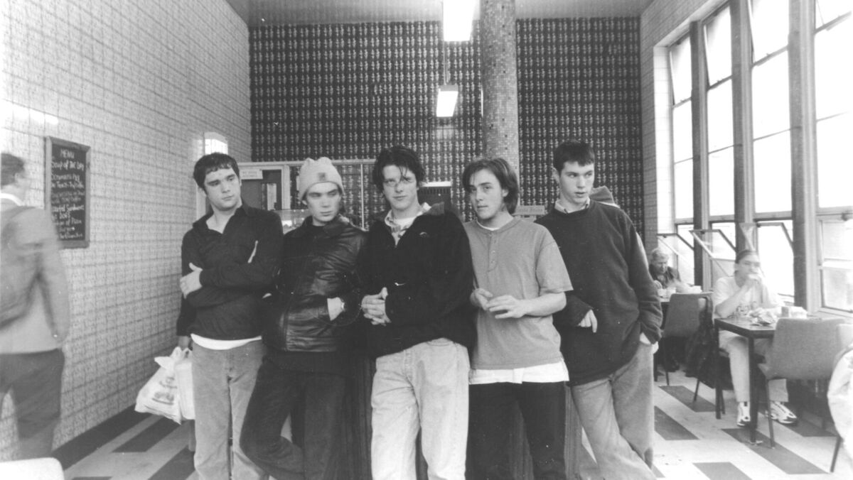Sons of Mr Green Genes band picture taken at the old cafe in Cork bus station: Bob Jackson, Cillian Murphy, John Ahern, Chris McCarthy, Padraig Murphy.
