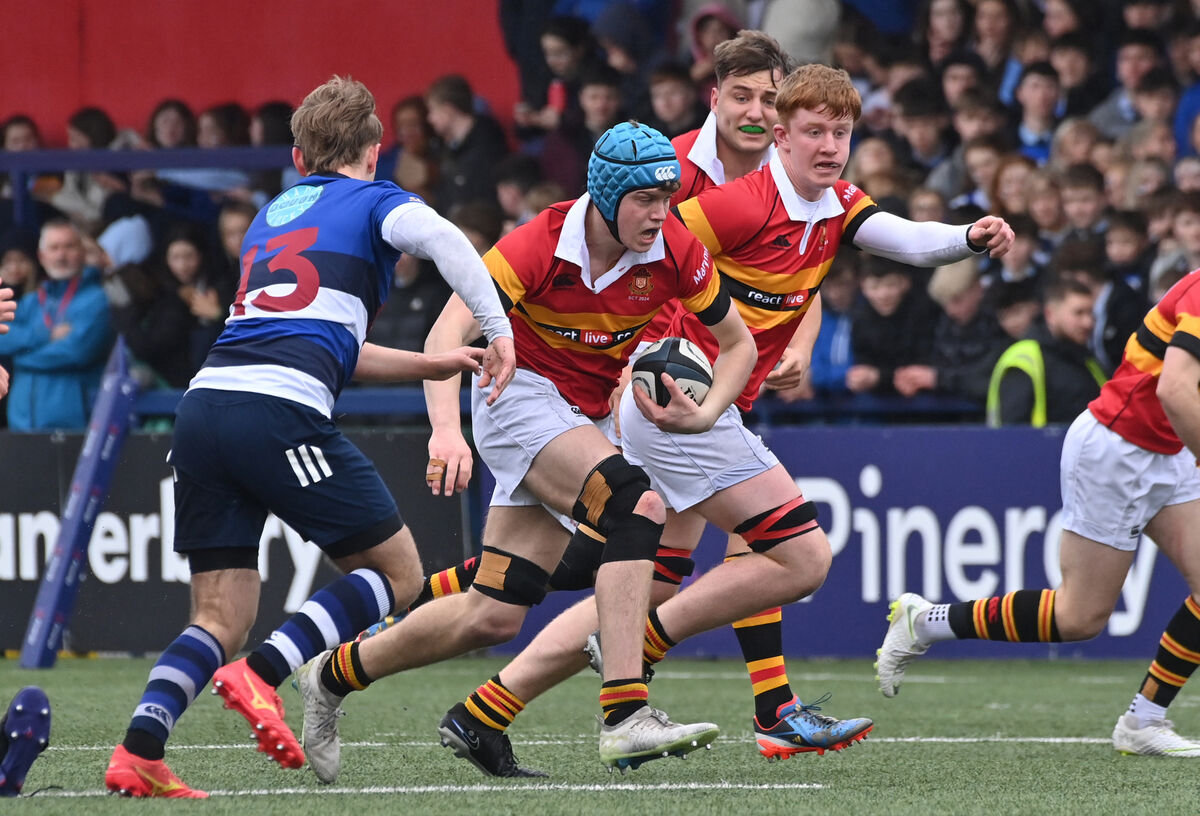  Daniel Rock, CBC breaking past Michael O'Mara, Crescent Comprehensive during their Pinergy Munster School Boys Senior Cup semi-final match at Virgin Media Park, Cork. Picture Dan Linehan