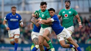 <p>MAJOR DOUBT: Ireland's Hugo Keenan (left) is tackled by Italy's Ange Capuozzo.</p>
