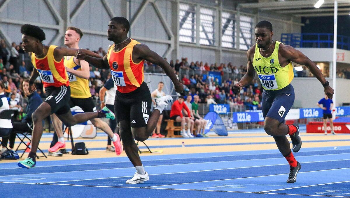 Israel Olatunde (centre) during the 2024 Irish Indoor Athletics Championships. Picture: ©INPHO/Bryan Keane Israel Olatunde (centre) during the 2024 Irish Indoor Athletics Championships. Picture: ©INPHO/Bryan Keane