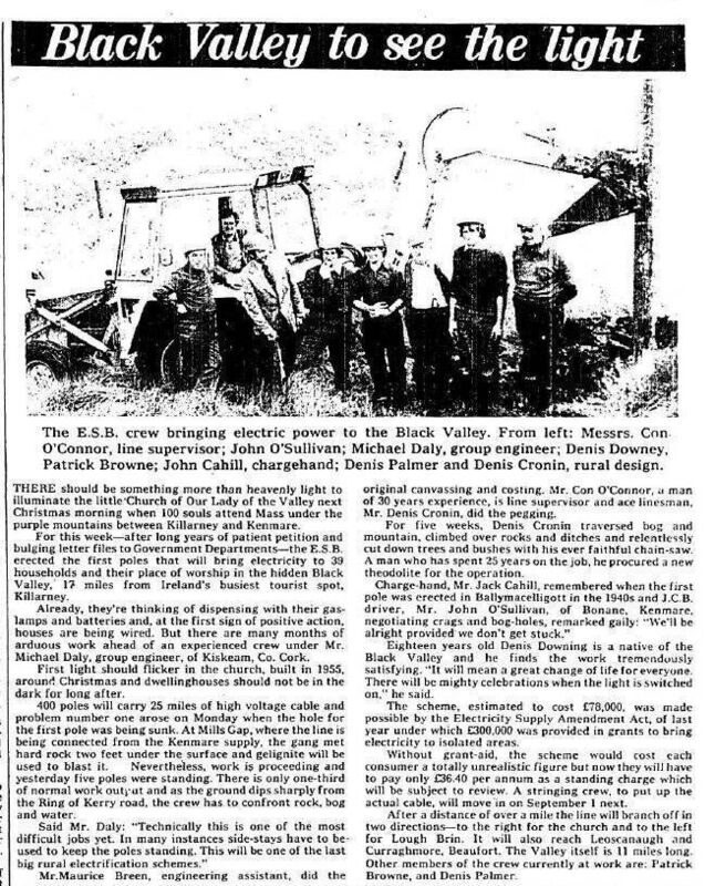 The Examiner's front-page story on July 27, 1977, reporting that the ESB had just installed the first poles in its project to bring electricity to the Black Valley. Irish News Archive The Examiner's front-page story on July 27, 1977, reporting that the ESB had just installed the first poles in its project to bring electricity to the Black Valley. Irish News Archive