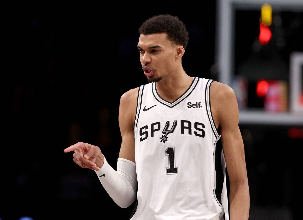 Victor Wembanyama reacts in the second half against the Brooklyn Nets at Barclays Center. Victor Wembanyama reacts in the second half against the Brooklyn Nets at Barclays Center.