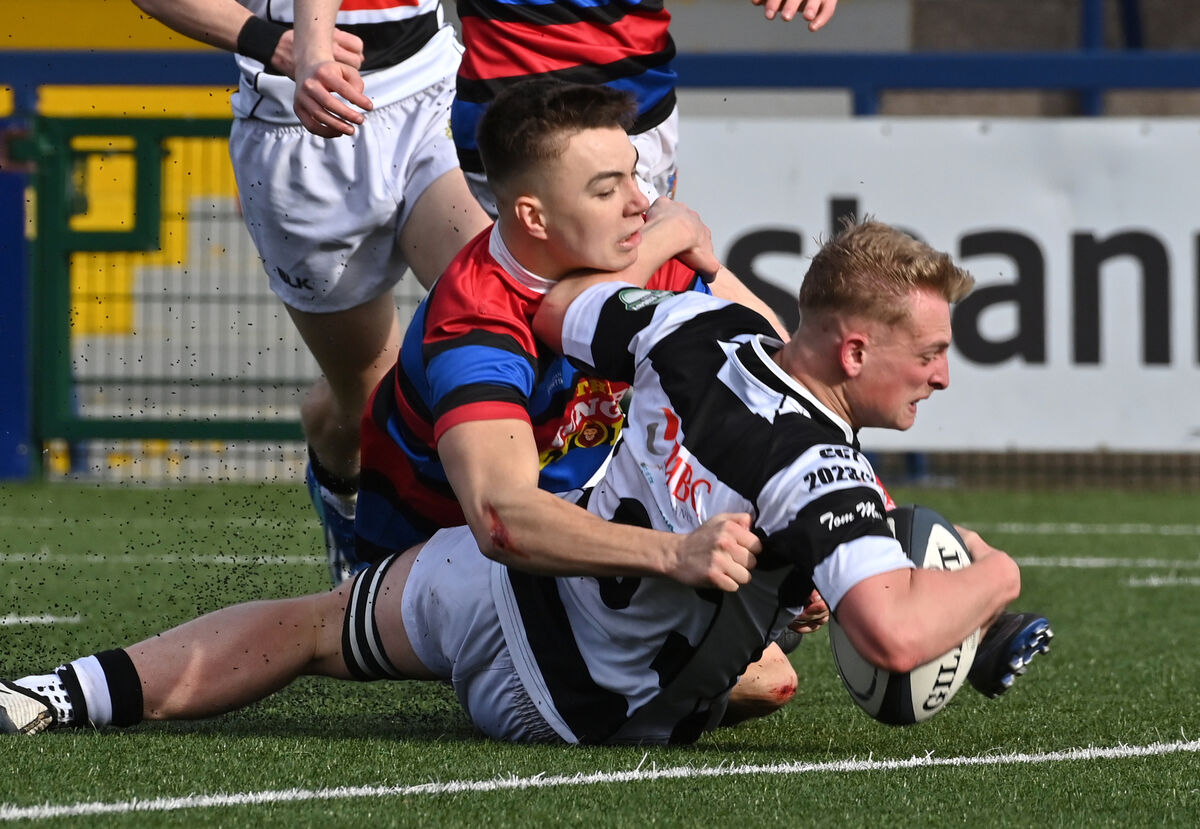  Alexander Alderson, PBC touching down for his side's fifth try against St Munchin’s in their Pinergy Munster School Boys Senior Cup semi-final match at Virgin Media Park, Cork. Picture Dan Linehan