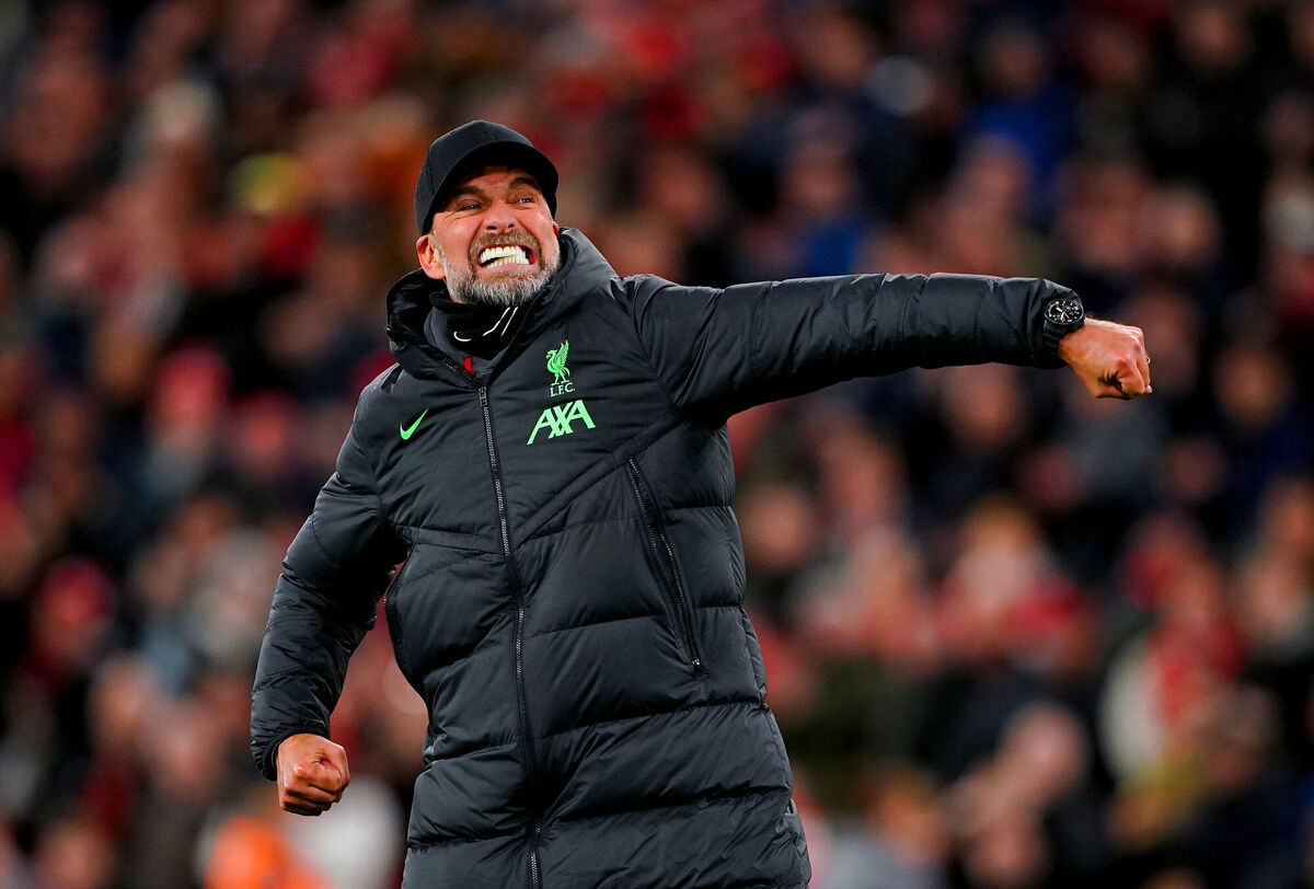 Liverpool manager Jurgen Klopp celebrates at the end of the Premier League match at Anfield. Pic: Peter Byrne, PA Wire.