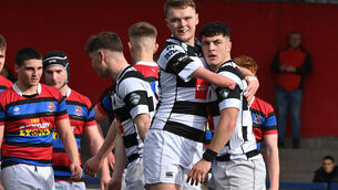 <p>LOVING IT: Oscar Squires celebrates with PBC captain Gene O'Leary Kareem after their second try against  St Munchin’s in this week's Munster School Boys Senior Cup semi-final. </p>