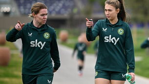 <p>Jess Fitzgerald, right, and Aoife Mannion arrive for a Republic of Ireland women training session at Viola Park in Florence. Picture: David Fitzgerald/Sportsfile</p>