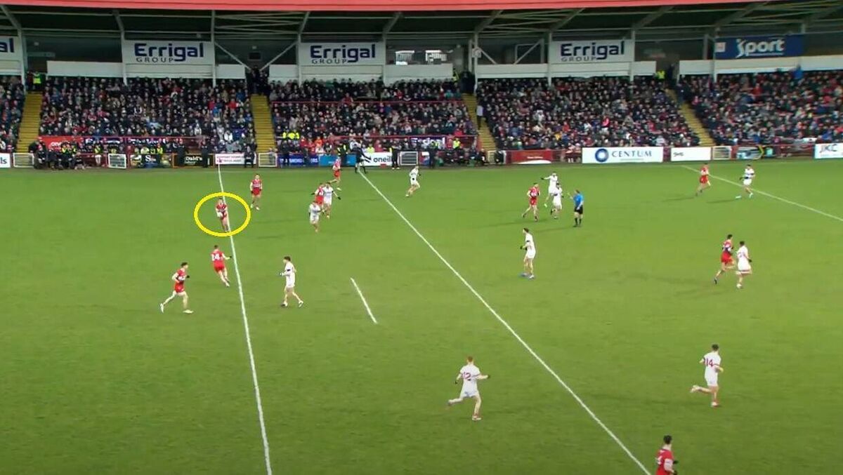 Derry’s opening point vs Tyrone. Shane McGuigan (yellow) drops into his own half and passes to Cormac Murphy.