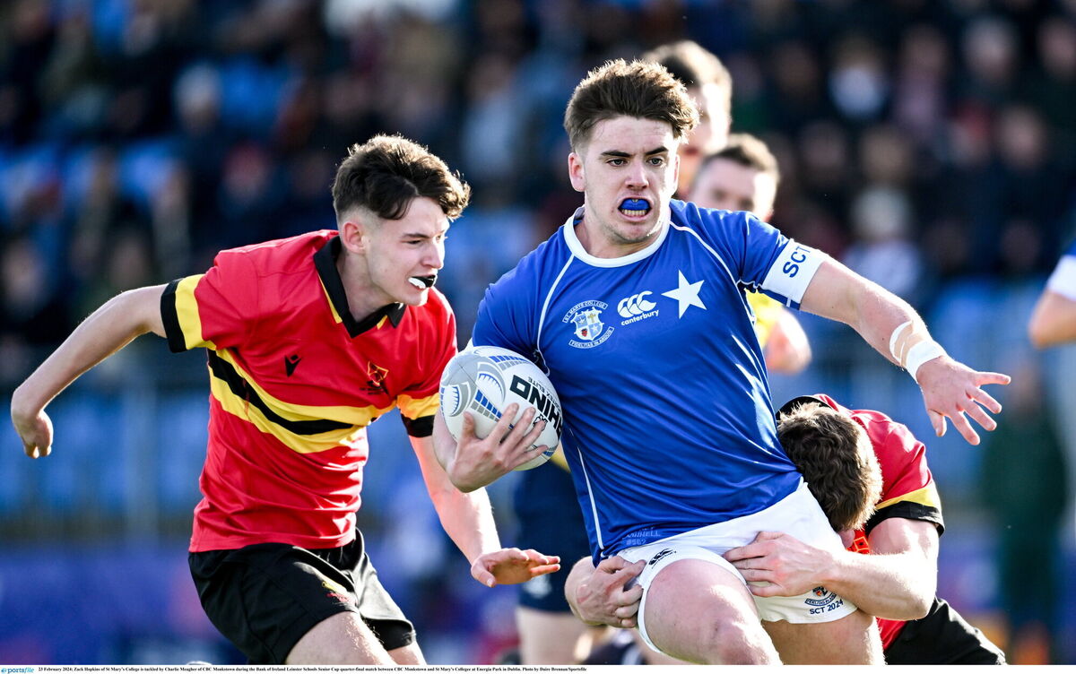 Zack Hopkins of St Mary’s College is tackled by Charlie Meagher of CBC Monkstown during the Bank of Ireland Leinster Schools Senior Cup quarter-final match between CBC Monkstown and St Mary's Collegee at Energia Park in Dublin. Photo by Daire Brennan/Sportsfile