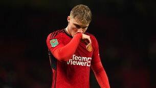 <p>Manchester United's Rasmus Hojlund reacts following the Carabao Cup fourth round match at Old Trafford.</p>
