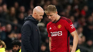 <p>An injury to Rasmus Hojlund, right, has left Erik ten Hag with a headache in attack (Martin Rickett/PA)</p>