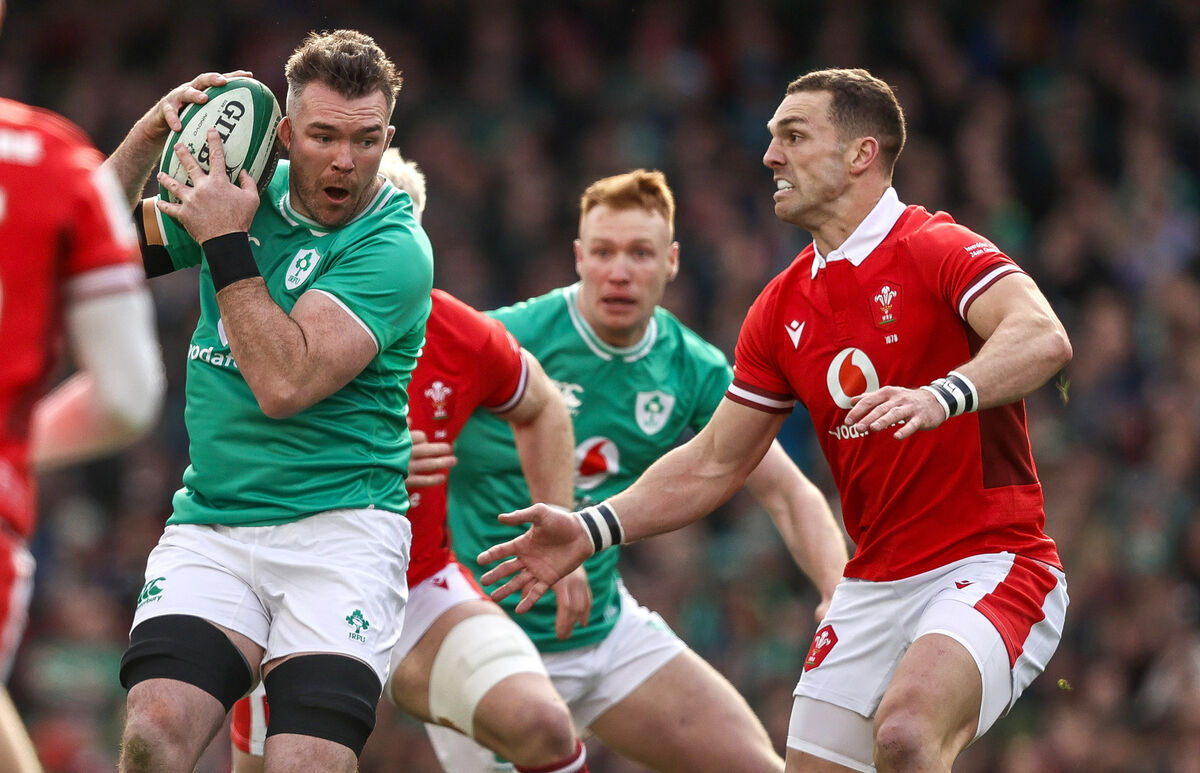 Ireland’s Peter O’Mahony and George North of Wales. Pic: INPHO/Ben Brady