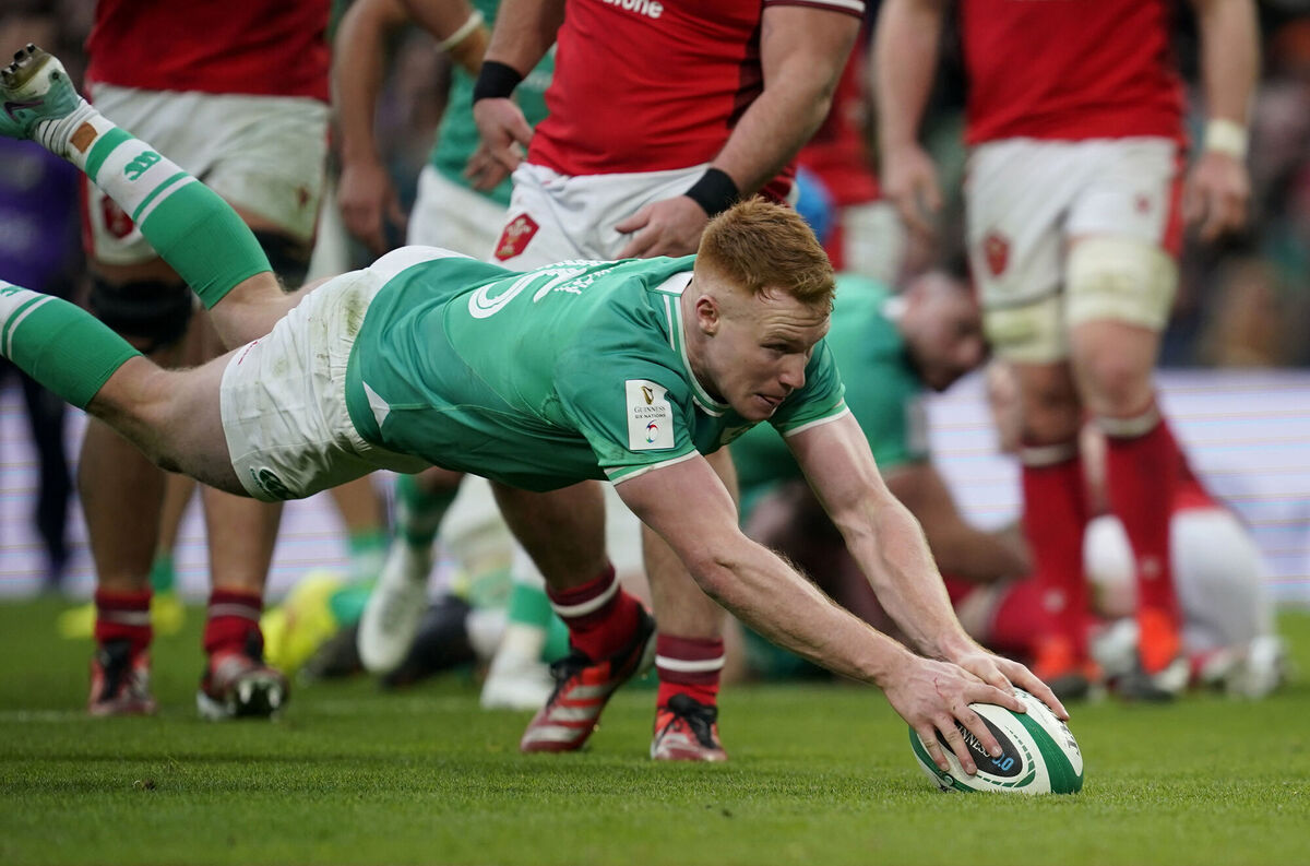 Ireland's Ciaran Frawley scores his side's third try during the Guinness Six Nations match at the Aviva. Photo credit: Niall Carson/PA Wire. Ireland's Ciaran Frawley scores his side's third try during the Guinness Six Nations match at the Aviva. Photo credit: Niall Carson/PA Wire.
