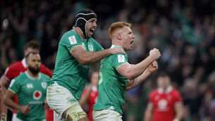 <p>STEPPING UP: Ireland's Ciaran Frawley celebrates his try. Photo credit: Niall Carson/PA Wire.</p>