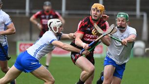 <p>CLASH: Cork's Shane Barrett is tackled by Waterford's Padraig Fitzgerald and Jack Prendergast during the Allianz HL Division 1A game at SuperValu Pairc Ui Chaoimh. </p>