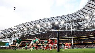 <p>Ireland’s Calvin Nash with Rio Dyer of Wales. Picture: INPHO/Dan Sheridan</p>