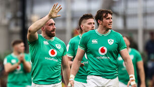 <p>BENCH IMPACT: Ireland’s Jack Conan and Ryan Baird celebrate. Pic: Ben Brady, Inpho</p>