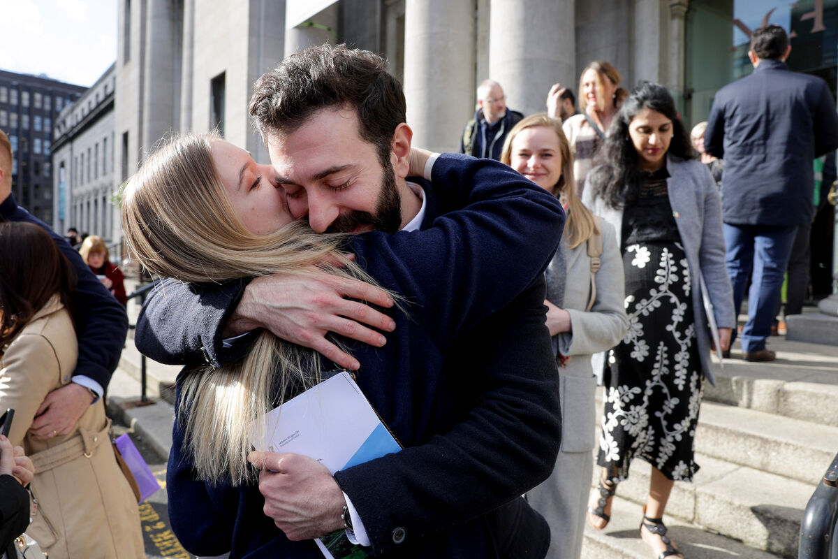 Tigran Chakion, originally from Russia, hugs his partner Julia Kalinina after he got his new Irish citizenship in Dublin on Monday. Picture: Maxwell’s Tigran Chakion, originally from Russia, hugs his partner Julia Kalinina after he got his new Irish citizenship in Dublin on Monday. Picture: Maxwell’s