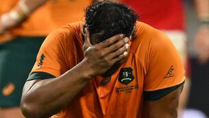 <p>Australia prop Pone Fa'amausili reacts at the end of the World Cup match against Wales.</p>