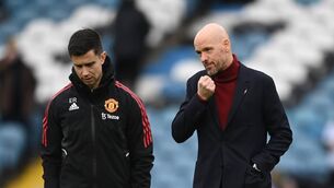 <p>DEPARTURE: Erik ten Hag, manager of Manchester United with coach Eric Ramsay. Pic: Gareth Copley, Getty Images</p>