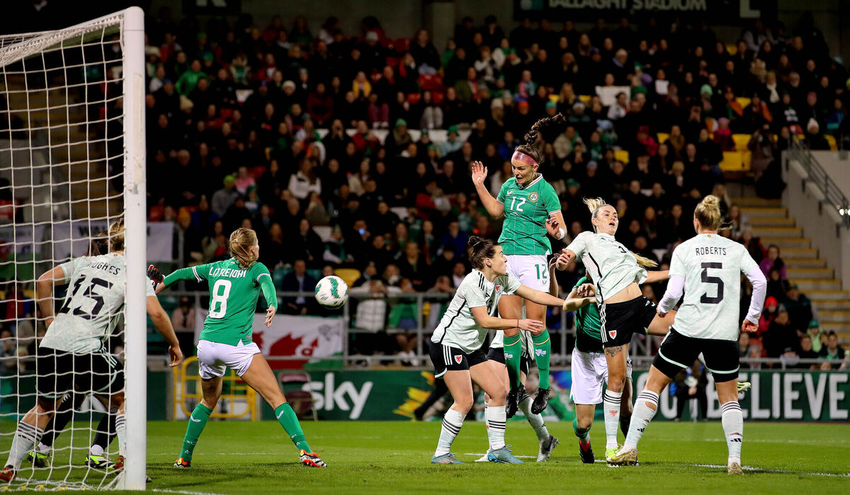 Ireland’s Caitlin Hayes attempts a header. Pic Credit: Ryan Byrne, Inpho.