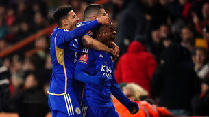 <p>Abdul Fatawu celebrates scoring Leicester’s winner (John Walton/PA)</p>