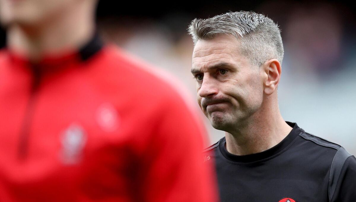 Derry manager Rory Gallagher dejected after his side's defeat to Galway in the 2022 All-Ireland SFC semi-final. Picture: ©INPHO/James Crombie