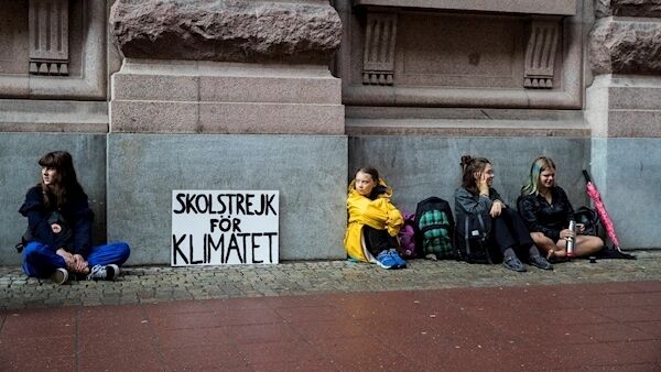 ONE YEAR AGO: Greta Thunberg, then aged 15, leading a school strike with three friends outside Sweden’s parliament building in Stockholm in August 2018. Yesterday, more than 5,000 separate protests were held around the world, involving more than 3m people.