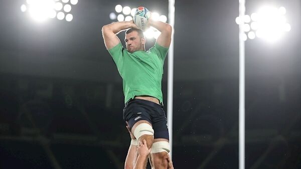 HIGH RISE: Ireland’s Tadhg Beirne rises high to claim a lineout ball in training in Yokohama yesterday. Picture: Inpho/Dan Sheridan