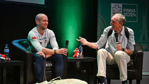 <p>Irish para-triathlete Donnacha McCarthy, left, with his former coach Dave Tilley speaking at The Helix in DCU, Dublin, for Paralympics Ireland's ''6 Months to Go'' event ahead of the Paralympic Games 2024 in Paris, France. Photo by Seb Daly/Sportsfile</p>