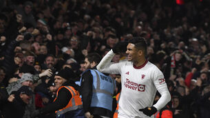 <p>CRUCIAL: Manchester United's Casemiro celebrates after scoring his side's goal. Pic: Rui Vieira, AP</p>