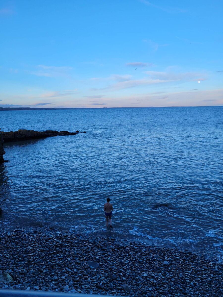 Enjoying a late evening swim at Helvic fishing pier, where Sólás na Mara is located. Enjoying a late evening swim at Helvic fishing pier, where Sólás na Mara is located.