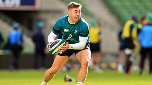 <p>Jack Crowley during the Ireland Rugby open training Session on Thursday. Pic: INPHO/Billy Stickland</p>