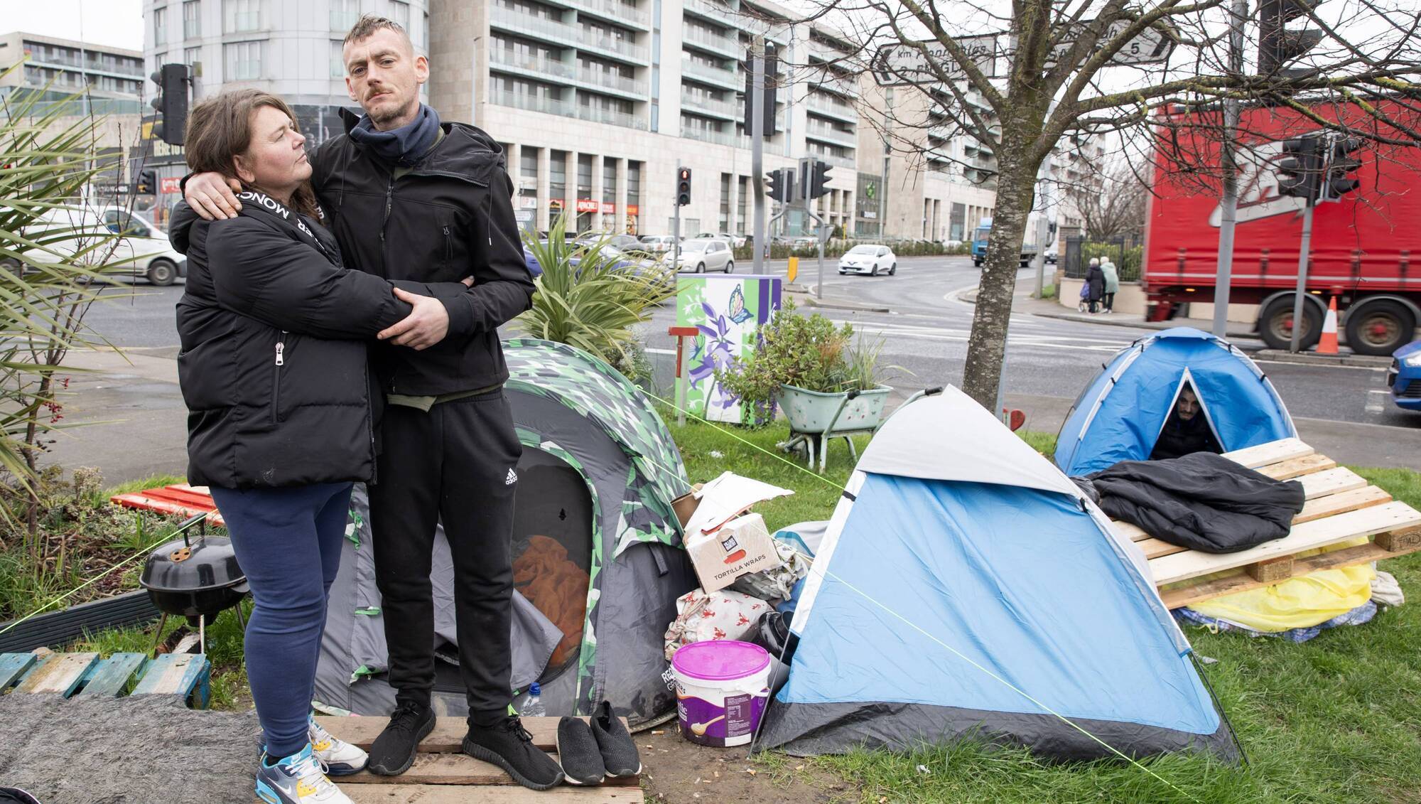 Mairead Craughwell and Dwayne Cunnigham at their tents beside Charlestown Shopping Centre, Dublin. Pictures: Gareth Chaney