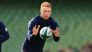 <p>BLEED GREEN: Ciaran Frawley during Ireland training this week. Pic: INPHO/Billy Stickland</p>