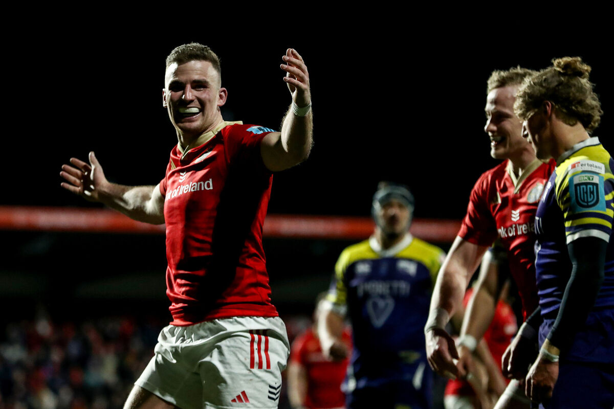 Munster's Shane Daly celebrates after scoring a try that is later disallowed. Pic: Ben Brady, Inpho