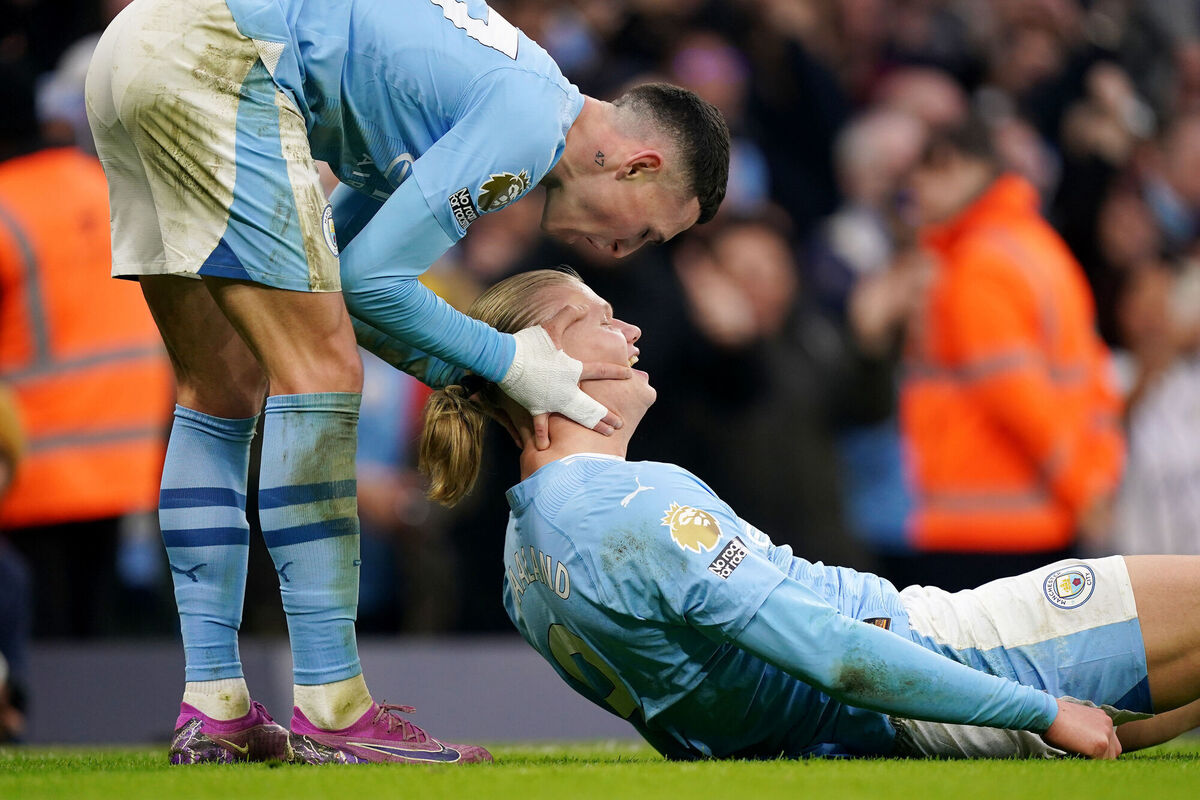 Manchester City's Erling Haaland (right) celebrates scoring their side's third goal of the game with team-mate Phil Foden. Pic: Mike Egerton, PA Wire.