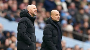 <p>HOW BIG'S THE GAP? Manchester United manager Erik ten Hag (left) and Manchester City manager Pep Guardiola (right) on the touchline. Pic: Mike Egerton, PA Wire.</p>