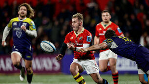 <p>WOUNDED: Munster's Craig Casey makes a pass against Zebre Parma. Pic: Ben Brady, Inpho</p>