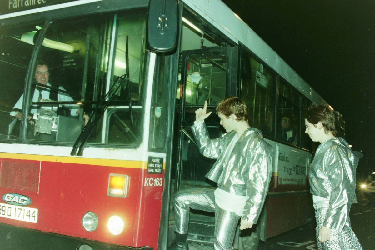 Eileen Walsh and Cillian Murphy feign getting on a Farranree bus in September 1996 as part of their first media photoshoot for the premiere production of Disco Pigs. Picture: Eddie O'Hare/Irish Examiner Archive Eileen Walsh and Cillian Murphy feign getting on a Farranree bus in September 1996 as part of their first media photoshoot for the premiere production of Disco Pigs. Picture: Eddie O'Hare/Irish Examiner Archive