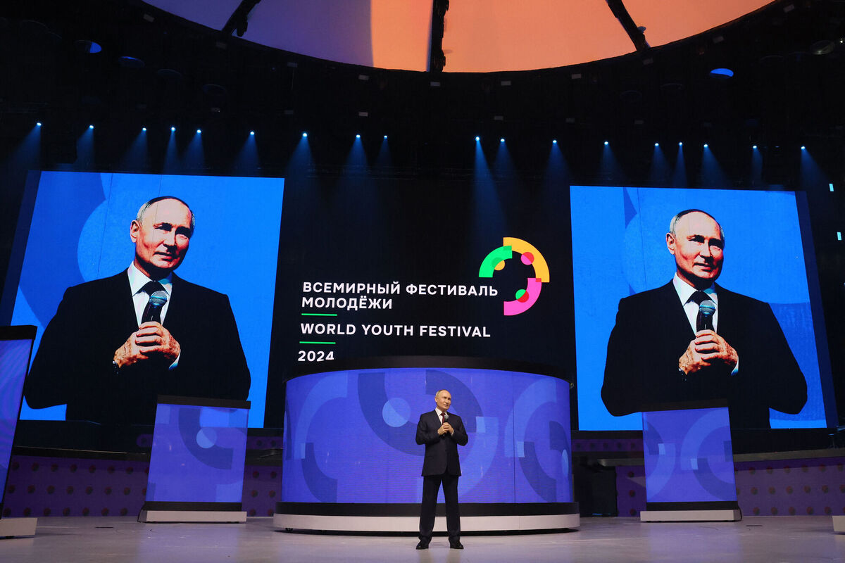 Russian President Vladimir Putin delivers a speech during the closing ceremony of the World Youth Festival at the Sirius Park of Science and Art outside Sochi, Russia, Wednesday, March 6, 2024. (Mikhail Metzel, Sputnik, Kremlin Pool Photo via AP)