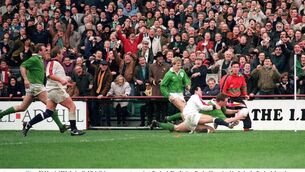 <p>OVER HE GOES: Mick Galwey scores a try against England in their Five Nations clash in 1993. Ireland won 17-3, a result that scuppered the Lions prospects of several Englishmen. <span class="contextmenu emphasis CaptionCredit">	Picture: David Maher /Sportsfile</span>
            </p>