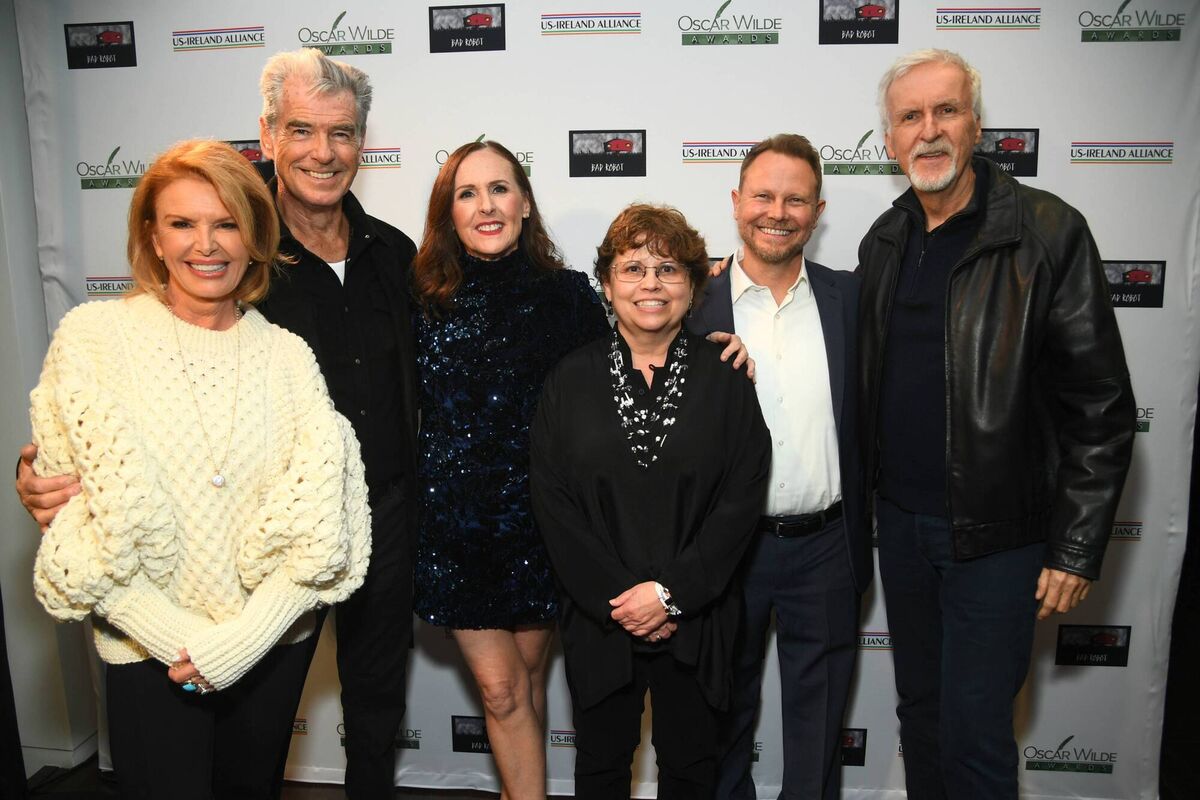 Roma Downey, Pierce Brosnan, Molly Shannon, president of the US-Ireland Alliance, Trina Vargo, Richie Baneham, and James Cameron attend the US-Ireland Alliance's 18th annual Oscar Wilde Awards at Bad Robot in Santa Monica, California. Picture: Alberto E Rodriguez/Getty Images for US-Ireland Alliance