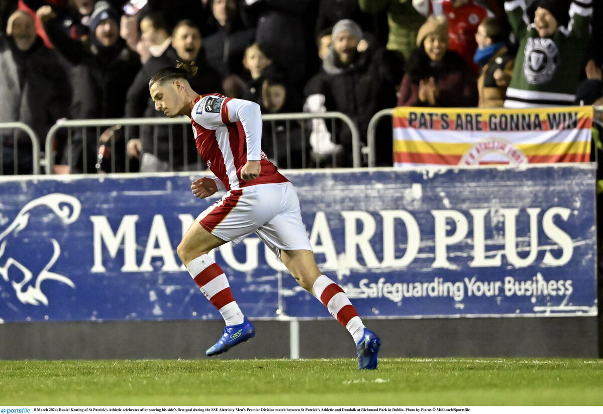 Ruairí Keating of St Patrick's Athletic celebrates after scoring his side's first goal during the SSE Airtricity Men's Premier Division match between St Patrick's Athletic and Dundalk at Richmond Park in Dublin. Photo by Piaras Ó Mídheach/Sportsfile Ruairí Keating of St Patrick's Athletic celebrates after scoring his side's first goal during the SSE Airtricity Men's Premier Division match between St Patrick's Athletic and Dundalk at Richmond Park in Dublin. Photo by Piaras Ó Mídheach/Sportsfile