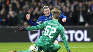 <p>ALISSON-ESQUE: Chelsea's Conor Gallagher makes an attempt to score past Liverpool's goalkeeper Caoimhin Kelleher during the English League Cup final. AP Photo/Dave Shopland.</p>
