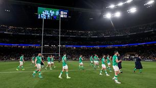 <p>The Ireland team applaud the fans after the game.</p>