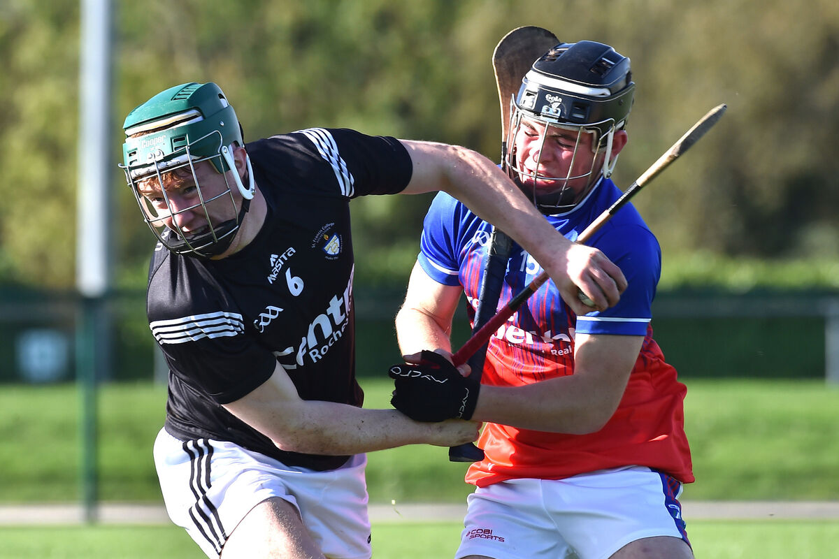  Sean Meade, Pobailscoil Na Tríonóide, Youghal getting in a great tackle on Kevin Lyons, St Francis College, Rochestown in their Dr. Harty Cup (u19 A hurling) round 2 fixture at Killeagh, Cork. Picture Dan Linehan