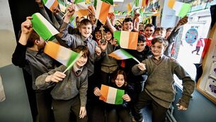 <p>The flags are raised for past pupil Cillian Murphy, who’s Oscar win was being celebrated with much enthusiasm in the corridors of education he once wandered, St Anthony’s boys primary school, Ballinlough. Pictures: Chani Anderson</p>