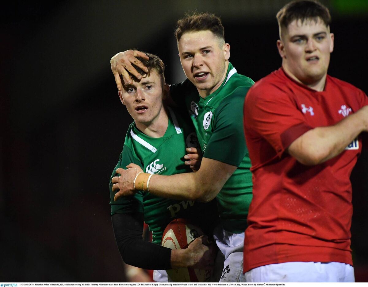 GRAND SLAMMERS: Jonathan Wren of Ireland, left, celebrates scoring his side's first try with teammate Sean French. Picture: Piaras Ó Mídheach/Sportsfile GRAND SLAMMERS: Jonathan Wren of Ireland, left, celebrates scoring his side's first try with teammate Sean French. Picture: Piaras Ó Mídheach/Sportsfile